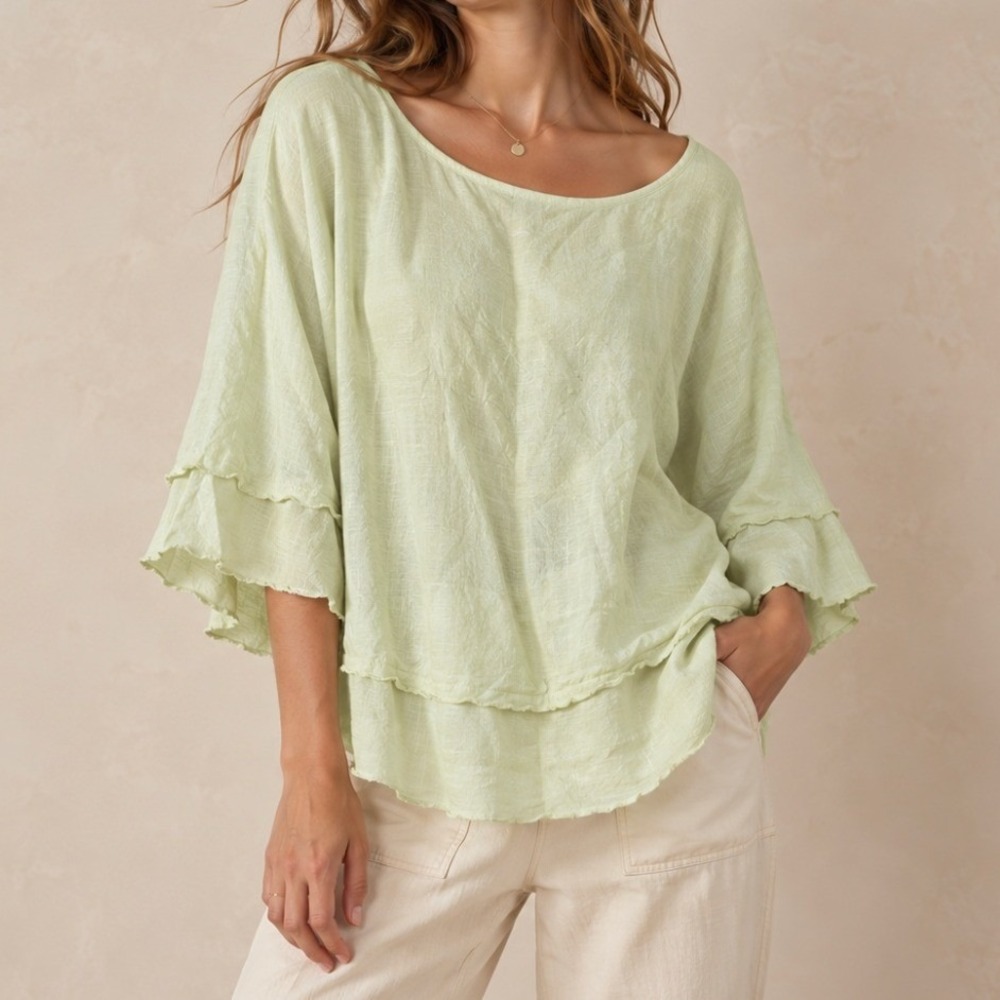 Vintage Cotton Blouse Gauze Layered XXL Green Boho Lagenlook Cottage Earthy Plus